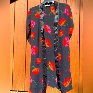 Val mode silky lingerie Floral Black Kimono robe with Red and Pink Flowers